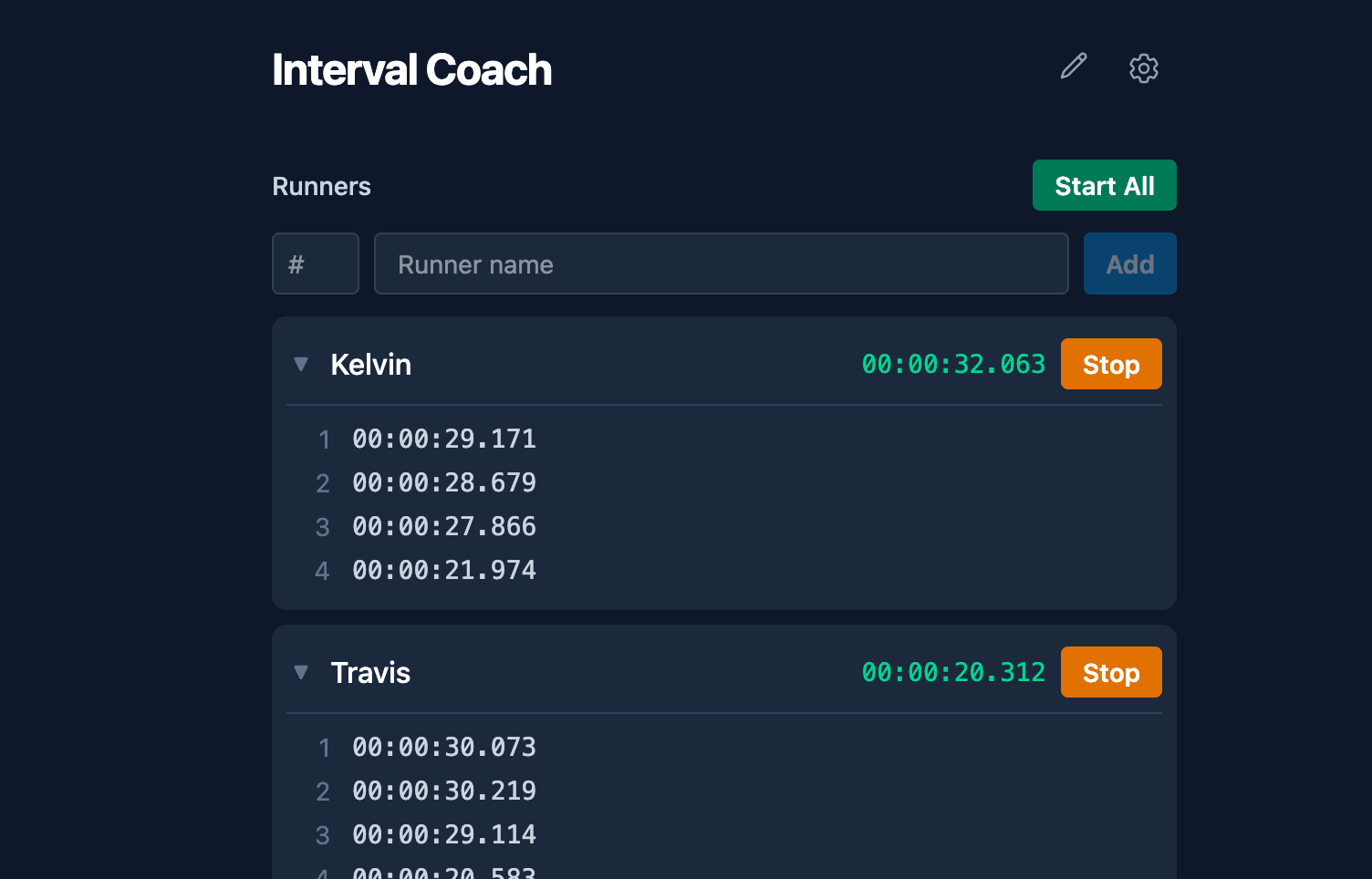 Interval Coach main session view showing athlete list, lap counts, and split times